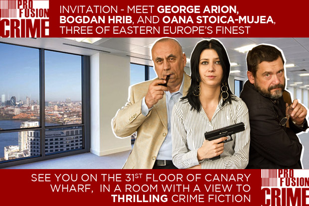 Romanian crime writers George Arion, Bogdan Hrib, Oana Stoica-Mujea at Canary Wharf