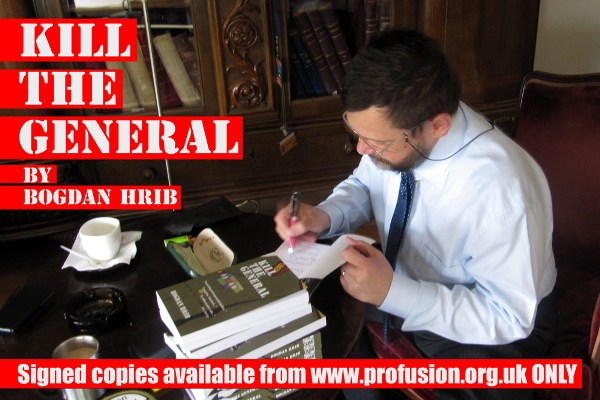 author Bogdan Hrib signing copies of Kill the General
